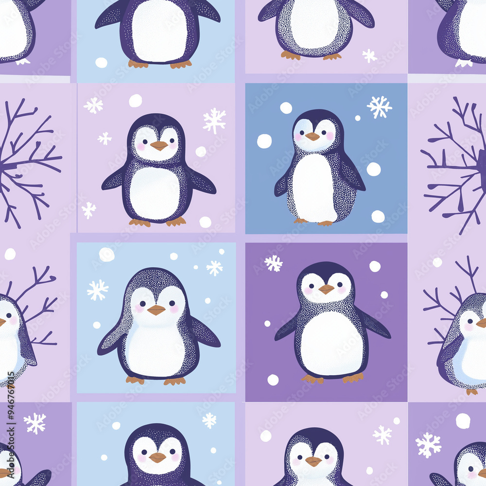 Obraz premium Penguins in a row in purple alternating squares, seamless pattern