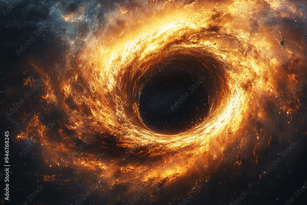 A high-resolution image of a black hole bending light around its event horizon, illustrating the extreme gravitational effects in space. Concept of black holes and general relativity. A high-resolution image of a black hole bending light around its event horizon, illustrating the extreme gravitational effects in space. Concept of black holes and general relativity.