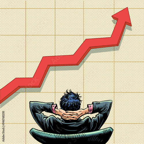 The man put his hands behind his head and watches the graph grow upward. Business success and big profits. Advancement in the career ladder of an office worker.