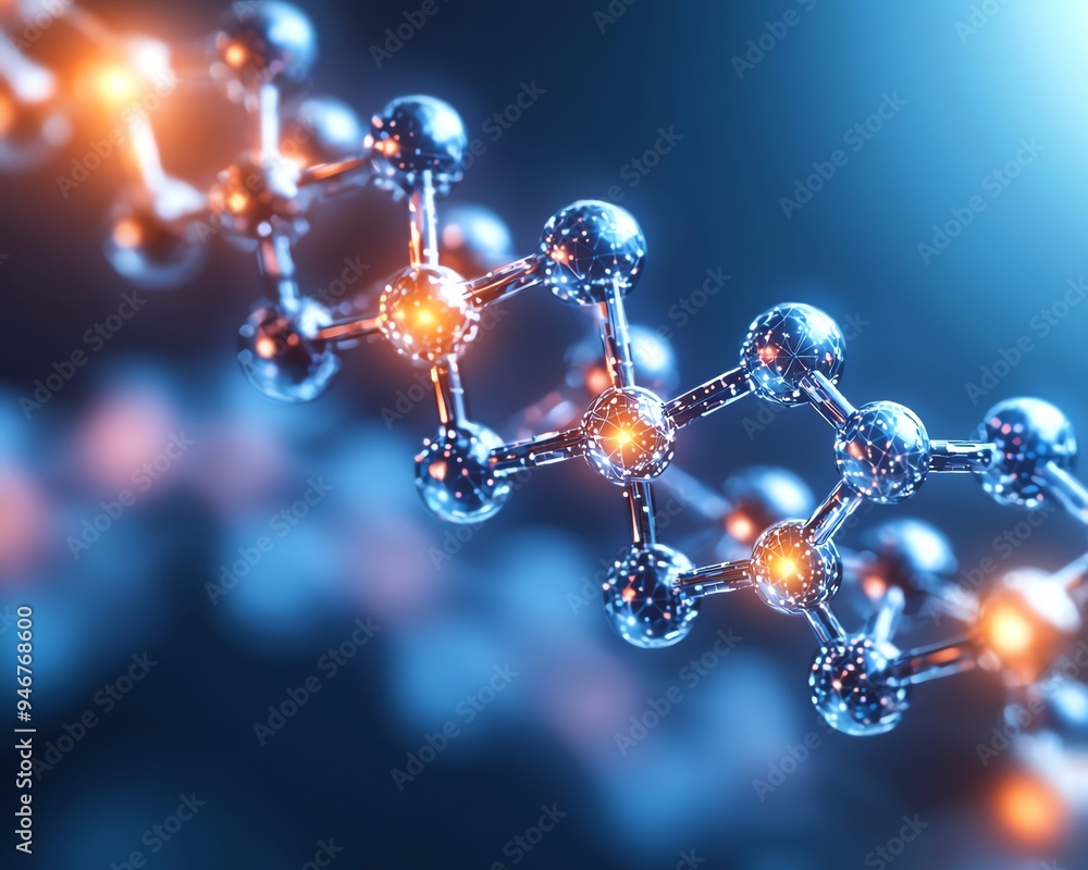 Close-up image of a molecular structure illuminated with blue and orange light, showcasing intricate details of science and chemistry. Close-up image of a molecular structure illuminated with blue and orange light, showcasing intricate details of science and chemistry.