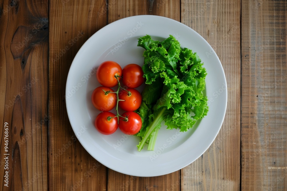 White plate holding fresh lettuce and vine tomatoes on a rustic wooden table is ready to provide a healthy lunch White plate holding fresh lettuce and vine tomatoes on a rustic wooden table is ready to provide a healthy lunch