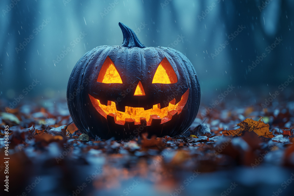 Spooky Halloween Pumpkin in a Forest Spooky Halloween Pumpkin in a Forest