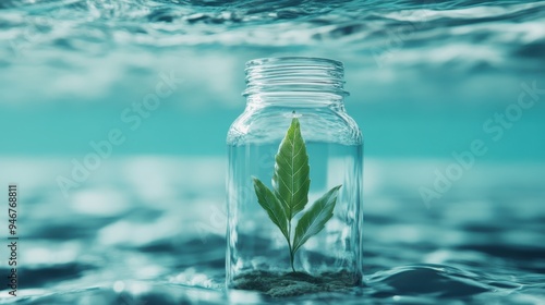 A single green leafy plant stands tall inside a glass jar submerged underwater, reflecting the harmony between nature and human-made objects, inspiring awe and wonder. photo