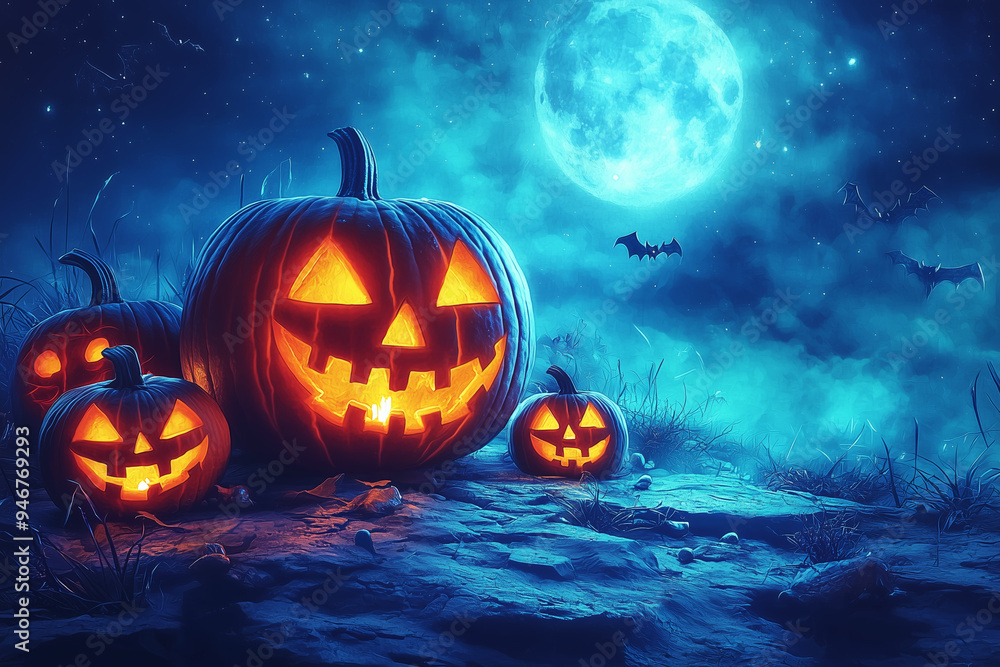 Spooky Halloween Pumpkins Under Full Moon Spooky Halloween Pumpkins Under Full Moon