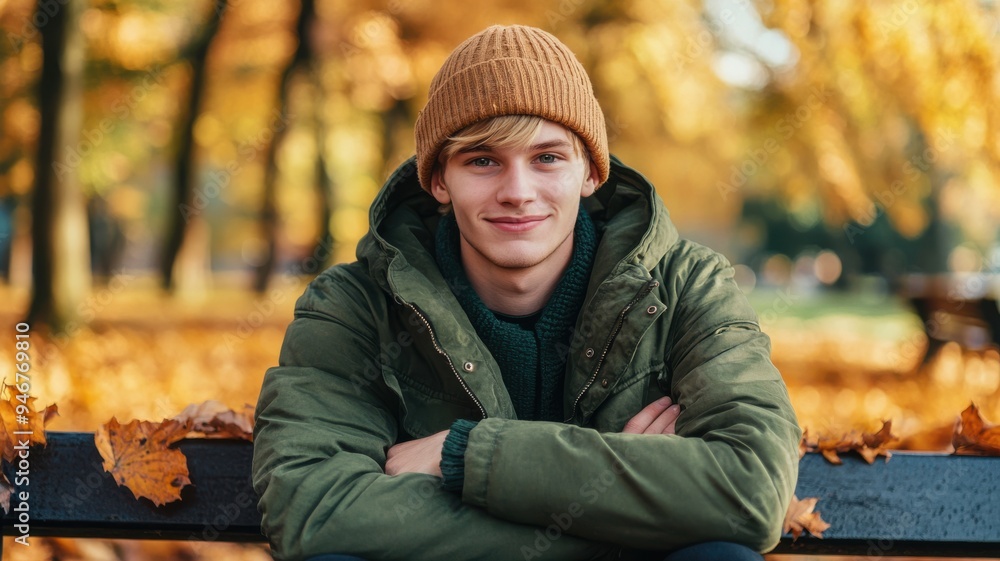 Young man enjoying autumn in a park, sitting on a bench surrounded by golden leaves, smiling warmly and wrapping himself up for warmth in a green jacket and hat Young man enjoying autumn in a park, sitting on a bench surrounded by golden leaves, smiling warmly and wrapping himself up for warmth in a green jacket and hat