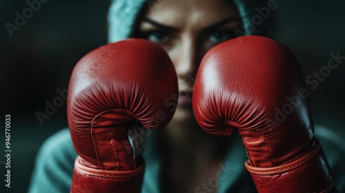 A pair of red boxing gloves held up in front, ready for action, highlighting the intensity and determination associated with the sport of boxing and combat training.