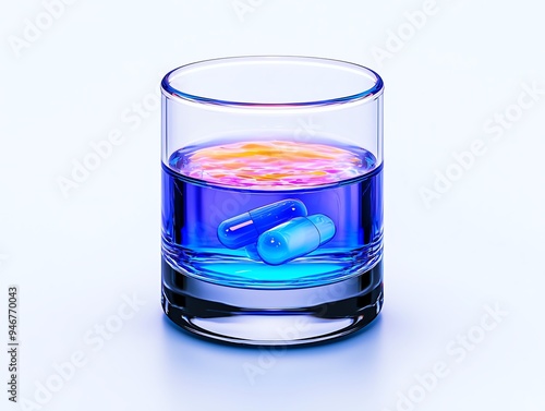 A vibrant glass filled with colorful liquid and two capsules, symbolizing health and wellness. photo