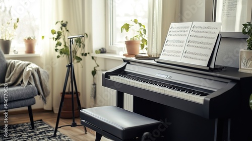 A home piano practice setup featuring a digital piano, a music stand with sheet music, and a comfortable chair photo