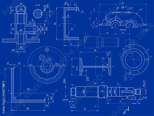 Vector engineering drawing of steel mechanical parts 
with through holes and dimension lines. Industrial 
cad scheme on paper sheet. Technology background.