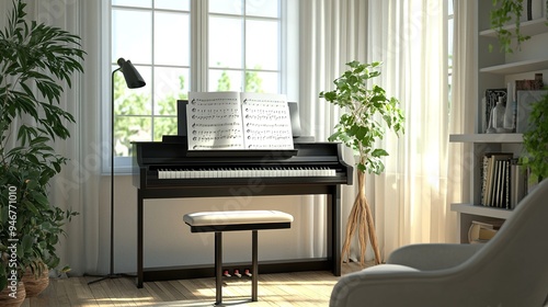 A home piano practice setup featuring a digital piano, a music stand with sheet music, and a comfortable chair photo