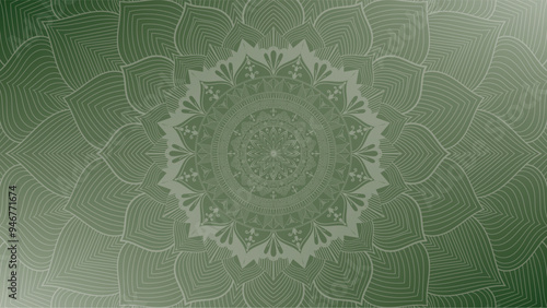 Round mandala on dreamy peach fuzz gradient background. Translucent mesh pattern in the form of a mandala. Mandala with floral patterns. Gradient