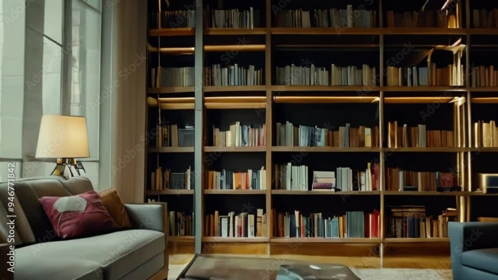 Cozy Living Room with a Large Bookshelf and a Comfortable Sofa Cozy Living Room with a Large Bookshelf and a Comfortable Sofa