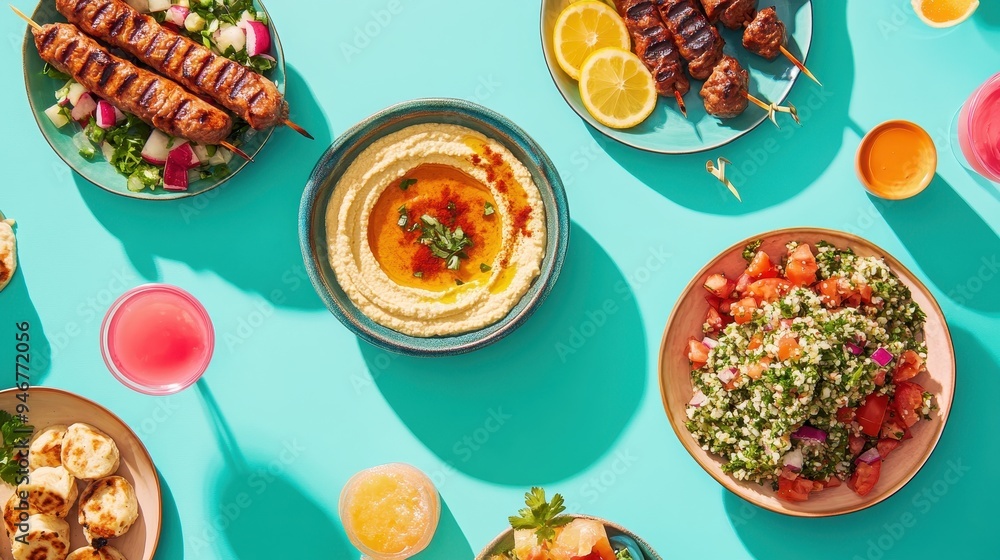 An assortment of traditional Arabic dishes is beautifully presented, showcasing hummus, tabbouleh, grilled skewers, and refreshing drinks An assortment of traditional Arabic dishes is beautifully presented, showcasing hummus, tabbouleh, grilled skewers, and refreshing drinks