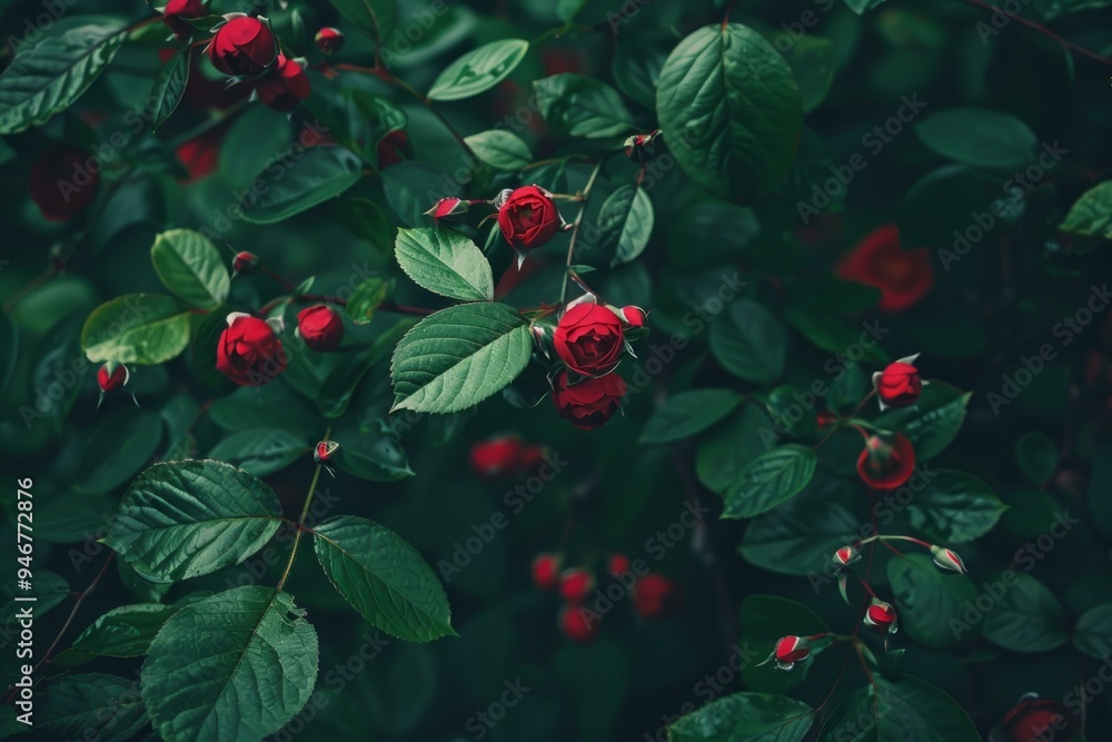 Red roses blooming on bush with lush green leaves in a garden during spring Red roses blooming on bush with lush green leaves in a garden during spring
