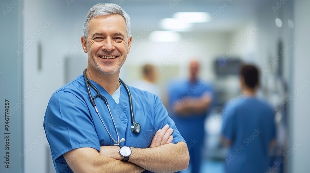 Happy man with arms crossed in hospital, clinic or support of surgery team. Cardiology, surgeon and consulting person with trust in expert advice, service or pride in healthcare. Happy man with arms crossed in hospital, clinic or support of surgery team. Cardiology, surgeon and consulting person with trust in expert advice, service or pride in healthcare.