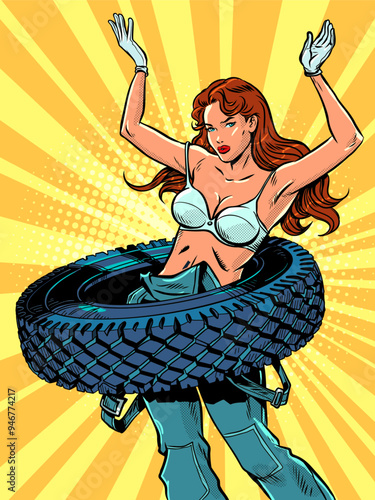 A scantily clad woman twists a tire around her waist. Tire replacement for the new season and safety. Great deals for car repairs.