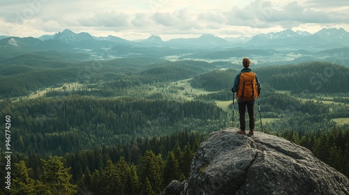 A hiker standing on a rocky outcrop, overlooking a vast valley with dense forests and distant mountain peaks