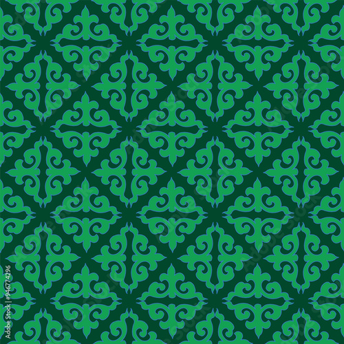 Real Tatar seamless pattern. Islamic floral geometry. Culture of the Tatar people, symbols of green and red