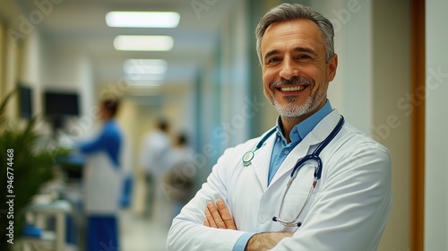 Happy man with arms crossed in hospital, clinic or support of surgery team. Cardiology, surgeon and consulting person with trust in expert advice, service or pride in healthcare.