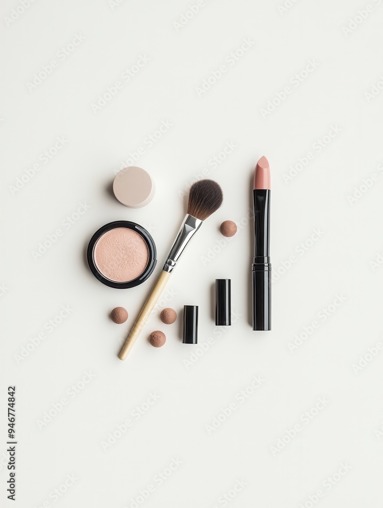 Cosmetic products are neatly arranged, showcasing lipstick, makeup brushes, and powder, perfect for a minimalist beauty setup. Generative AI Cosmetic products are neatly arranged, showcasing lipstick, makeup brushes, and powder, perfect for a minimalist beauty setup. Generative AI