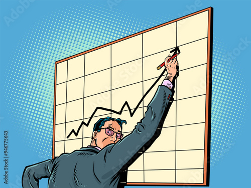 Growth of shares in the financial market. The employee's career moves up the career ladder. A man in a suit stands at a board with a chart. Pop Art Retro