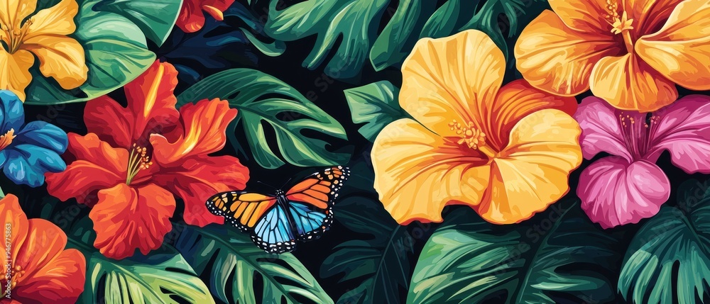 Colorful Tropical Flowers and a Butterfly Amidst Lush Green Foliage Colorful Tropical Flowers and a Butterfly Amidst Lush Green Foliage
