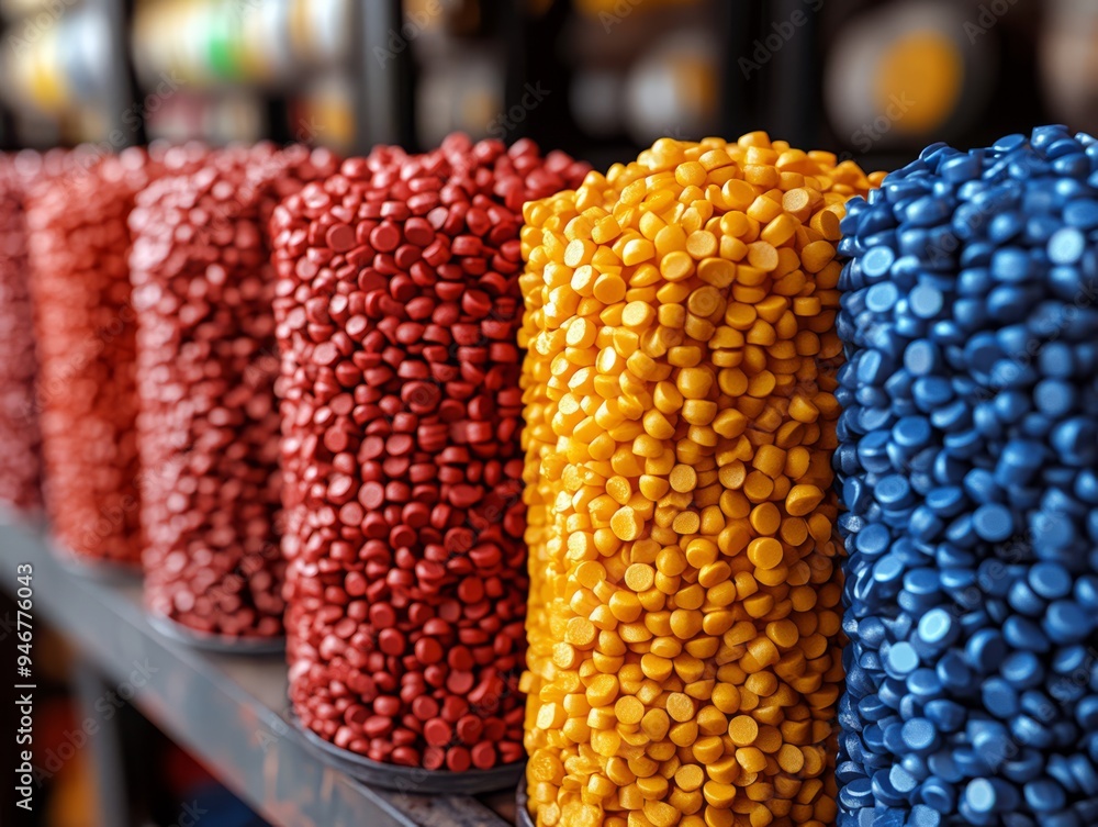 Close-up of primary plastic pellets in various colors including blue, green, red, and white, showing their smooth, uniform texture. Close-up of primary plastic pellets in various colors including blue, green, red, and white, showing their smooth, uniform texture.