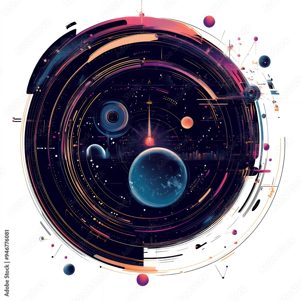Obraz premium Abstract cosmic illustration featuring planets, stars, and swirling patterns in a dark space theme.