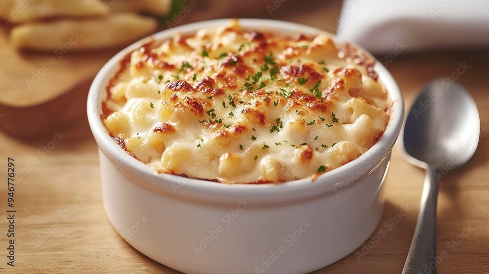 A hearty bowl of macaroni and cheese, with a golden, baked top and creamy cheese sauce, set on a wooden table with a spoon A hearty bowl of macaroni and cheese, with a golden, baked top and creamy cheese sauce, set on a wooden table with a spoon