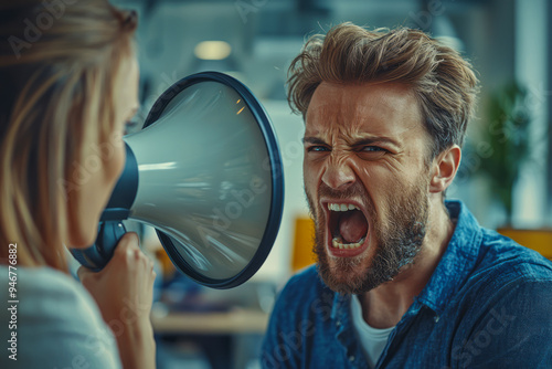 Furious CEO berates employee with megaphone in intense office confrontation. Workplace tension, business conflict, close-up shot. photo