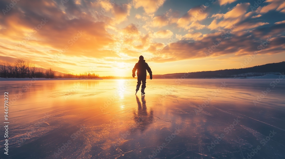 Fototapeta premium A skater gliding across a frozen lake at sunset with vibrant clouds in the sky and peaceful scenery reflecting nature's beauty
