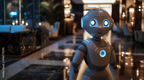 Friendly Robot Concierge Greeting Guests in a Hotel Lobby