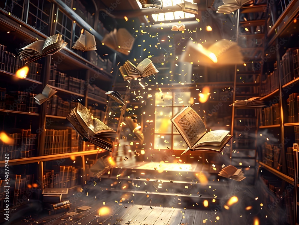 Magical library with flying books and glowing scrolls Magical library with flying books and glowing scrolls