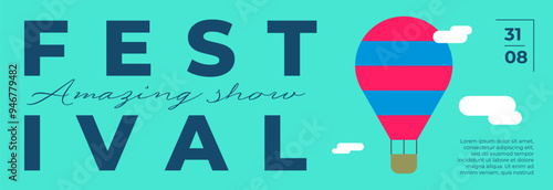 Amusement park festive minimal trendy horizontal banner with aerostat. Carnival funfair minimalistic creative design flyer with hot air balloon on sky. Fun fair festival simple flat billboard template