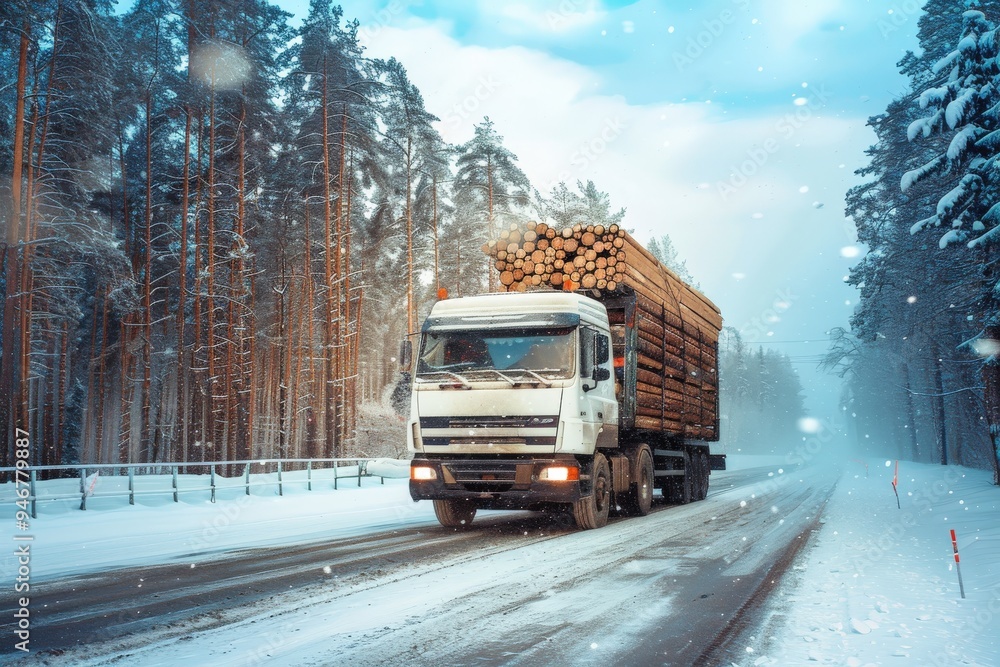 A red semi truck is driving down a snowy road, generative ai image A red semi truck is driving down a snowy road, generative ai image