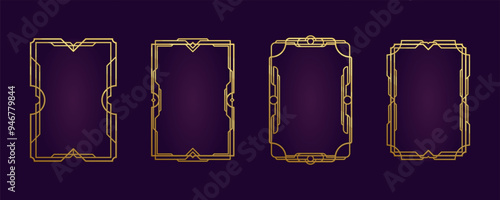 Retrofuturism steampunk golden engraved frame. Frame template a4 paper. Art deco line border, decorative divider, boho antique style. Elegant geometric elements, arabic style, isolated vector set.