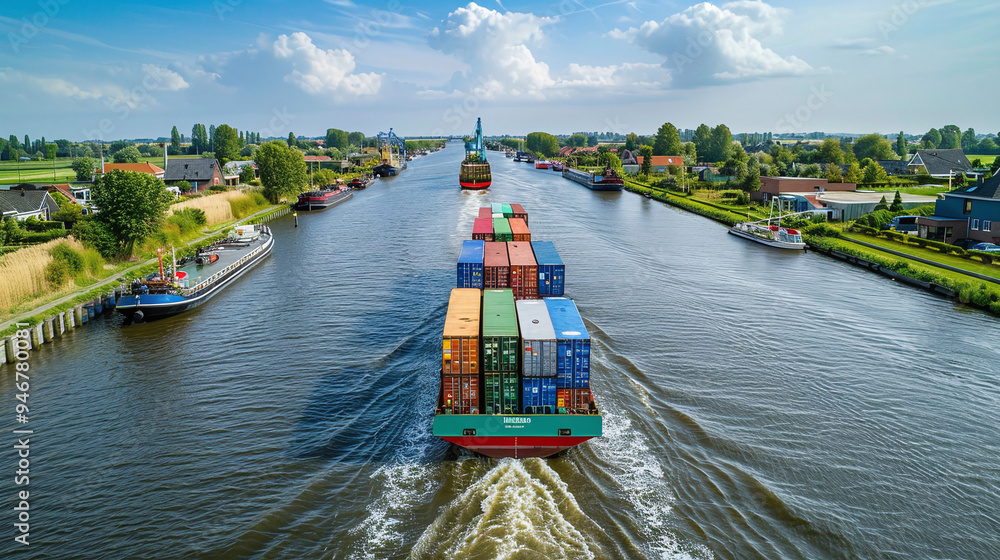 Large Cargo Ship Navigating Busy Inland Waterway