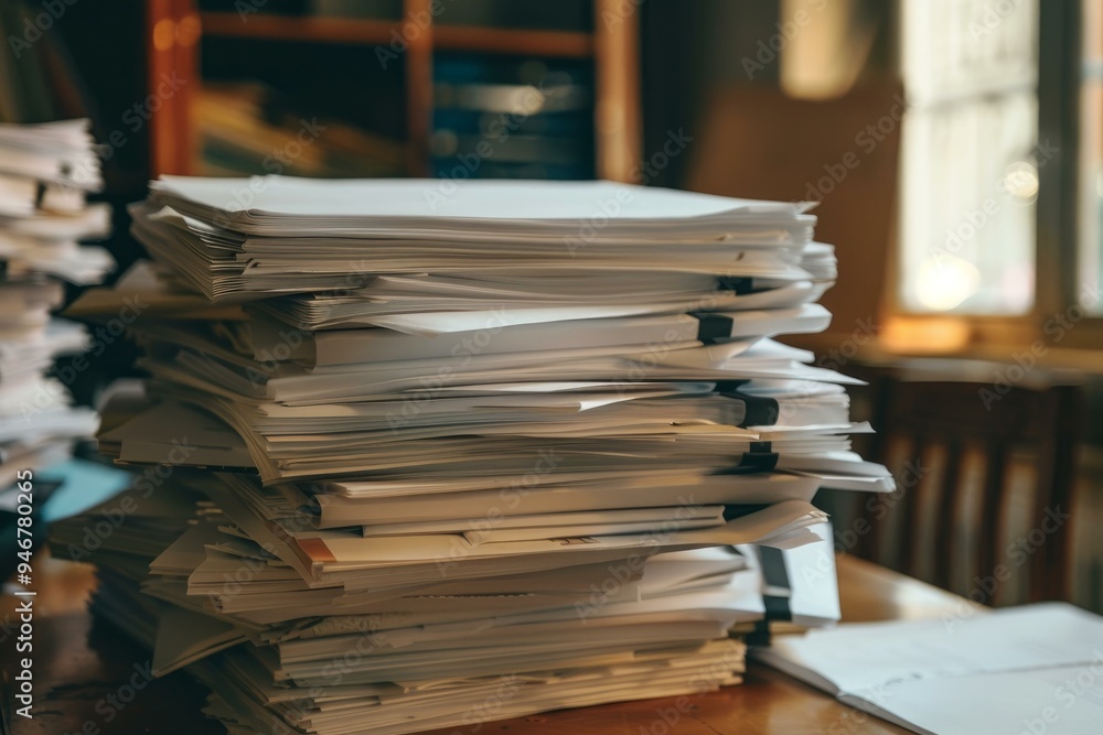 Stack of paperwork piling up on desk representing overworked business concept Stack of paperwork piling up on desk representing overworked business concept