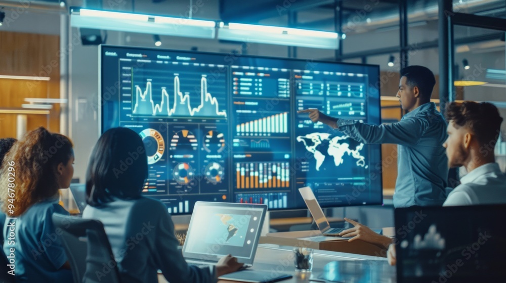 custom made wallpaper toronto digitalDynamic entrepreneur leads diverse startup team in analyzing AI data trends in modern office environment