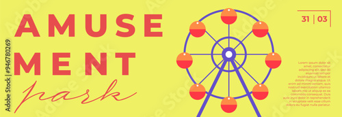 Amusement park festive minimal trendy horizontal banner with ferris wheel. Carnival funfair minimalistic creative design flyer with carousel. Fun fair festival simple flat eps billboard template