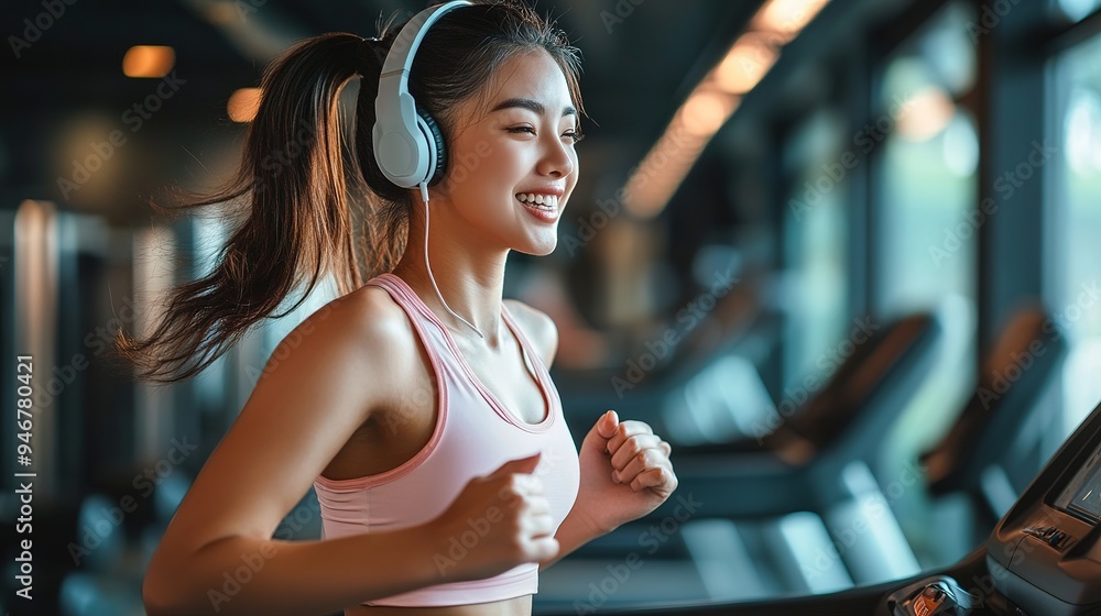Fototapeta premium Happy beautiful young asian woman running on treadmill and listening to music via headphones during sports training in a gym. copy space for text.