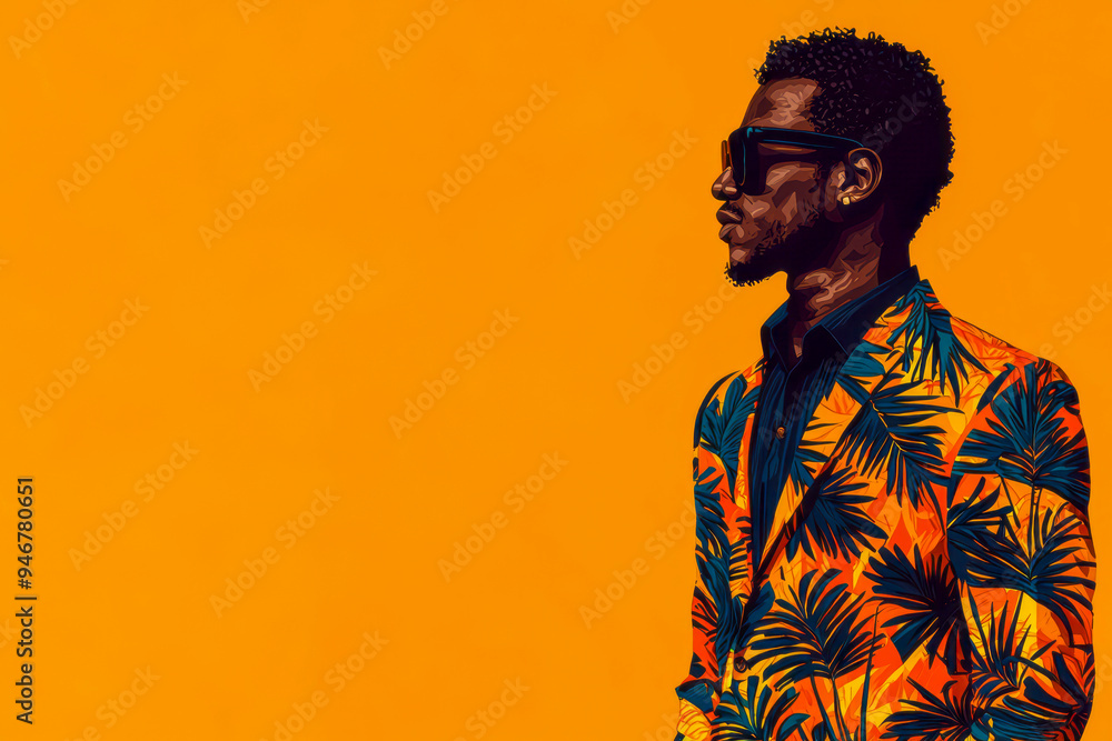 African Man in Stylish Orange & Navy Suit: Vibrant Full Body Shot in Cartoon Illustration Style on Solid Color Background African Man in Stylish Orange & Navy Suit: Vibrant Full Body Shot in Cartoon Illustration Style on Solid Color Background