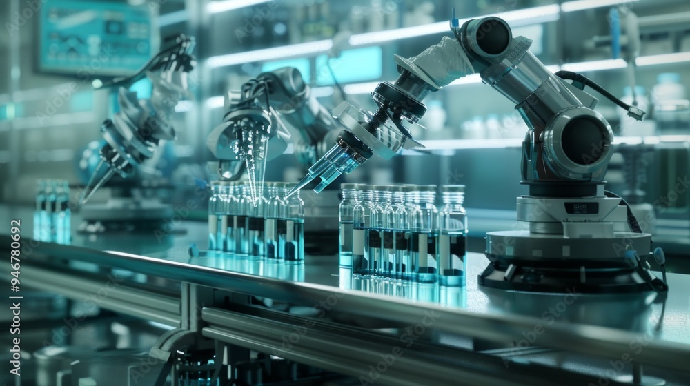 Futuristic laboratory showcasing automated robotic systems filling and capping vials with precision in chemical research Futuristic laboratory showcasing automated robotic systems filling and capping vials with precision in chemical research