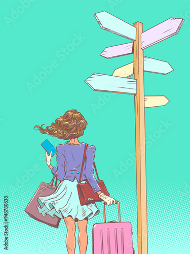 A girl stands with a suitcase and bag in front of a fork and a sign. Choosing the life path you will take. Options for new travel to other places. Pop Art Retro