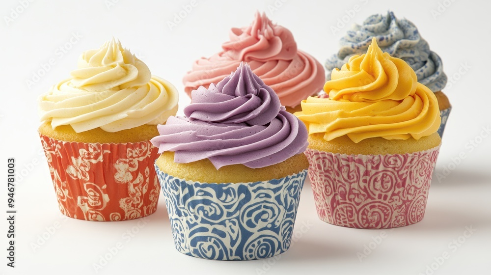 Row of pastel-colored cupcakes with swirl frosting in purple, green, and pink, against a soft pink background. Minimalist and sweet. Row of pastel-colored cupcakes with swirl frosting in purple, green, and pink, against a soft pink background. Minimalist and sweet.