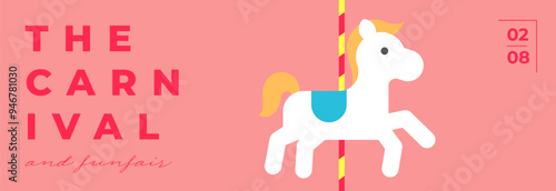 Amusement park festive minimal trendy horizontal banner with merry-go-round. Carnival funfair minimalistic creative design flyer with children attraction carousel. Fun fair festival flat eps billboard