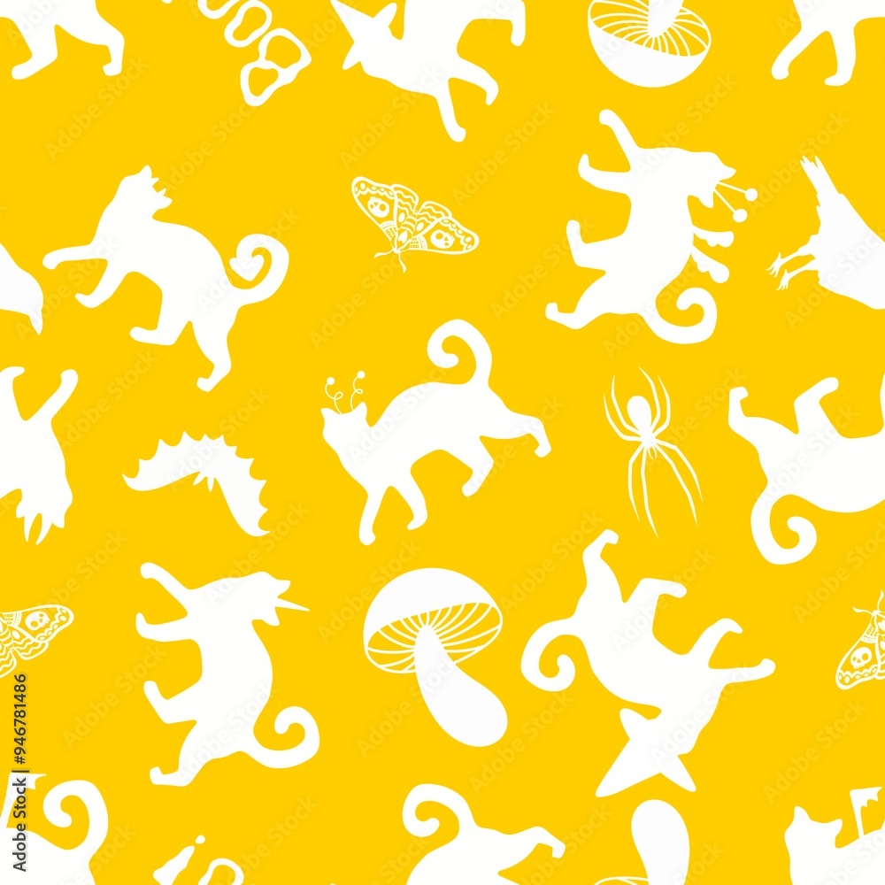 Naklejka premium Halloween animals seamless cats and pumpkins pattern for wrapping paper