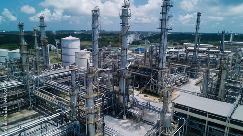 Aerial View of Industrial Refinery under Blue Sky