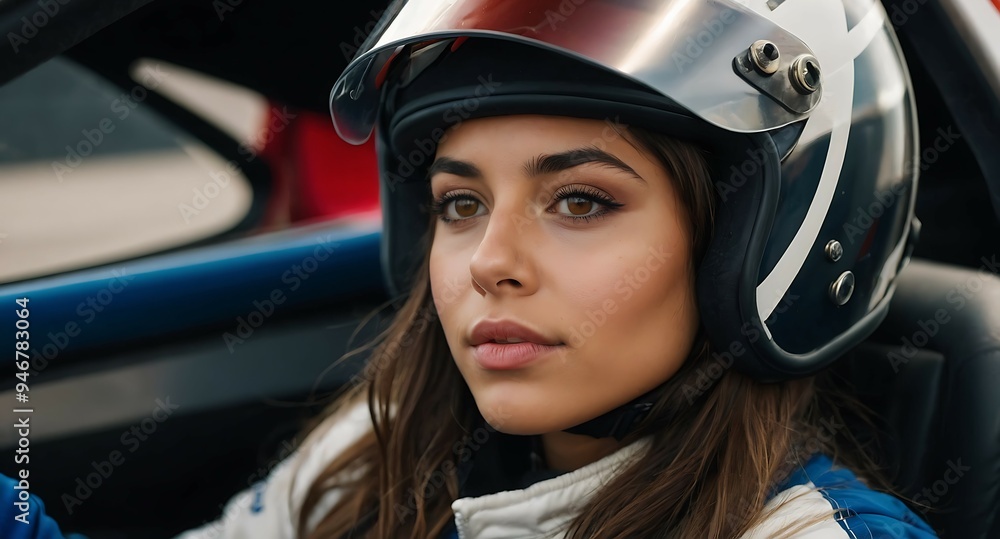Young latina woman race car driver in helmet preparing for race Young latina woman race car driver in helmet preparing for race