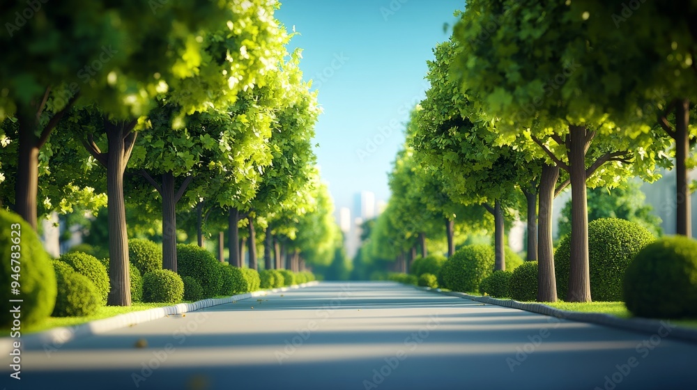 Obraz premium A serene tree-lined street showcasing vibrant greenery and a clear, blue sky, perfect for nature and cityscape themes.